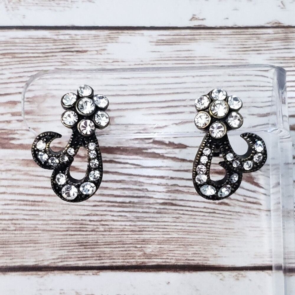 Vintage Clip On Earrings - Dark Metal & Clear Gem 1"